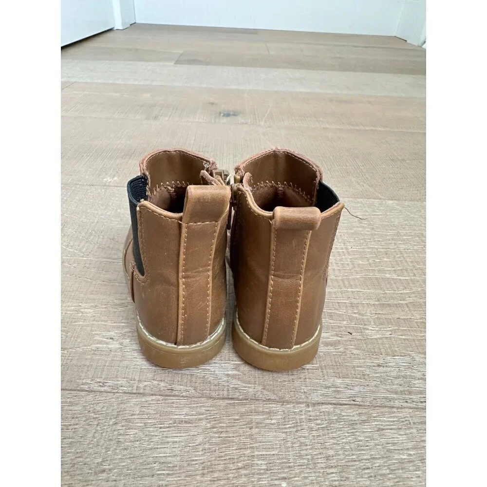 Toddler Brown Faux Leather Ankle Boots With Side Zipper & Pull Tabs Size 6